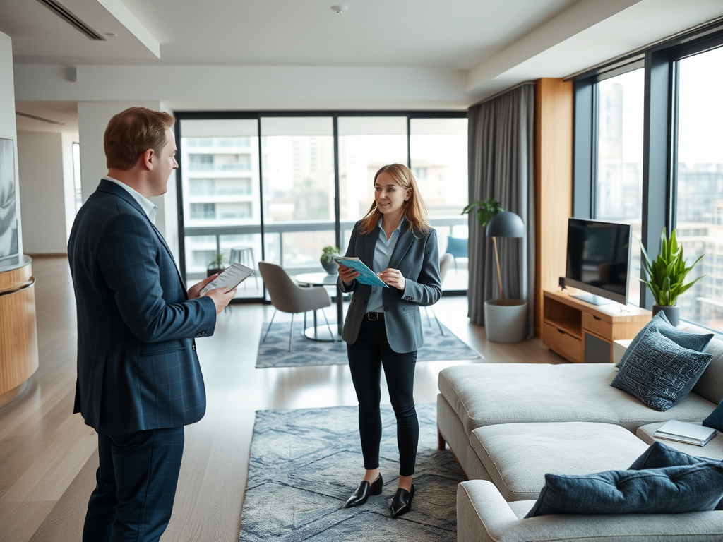 Мужчина и женщина в деловой одежде обсуждают документы в современном светлом офисе.