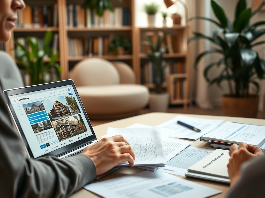 На столе лежат документы и ноутбук, на котором открыты изображения зданий, в уютном офисе.