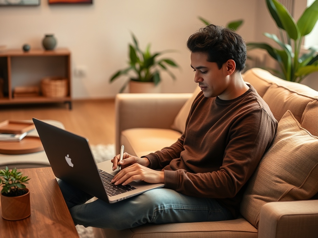 Молодой мужчина сидит на диване с ноутбуком, работает, используя стилус для записей. В комнате зелёные растения.