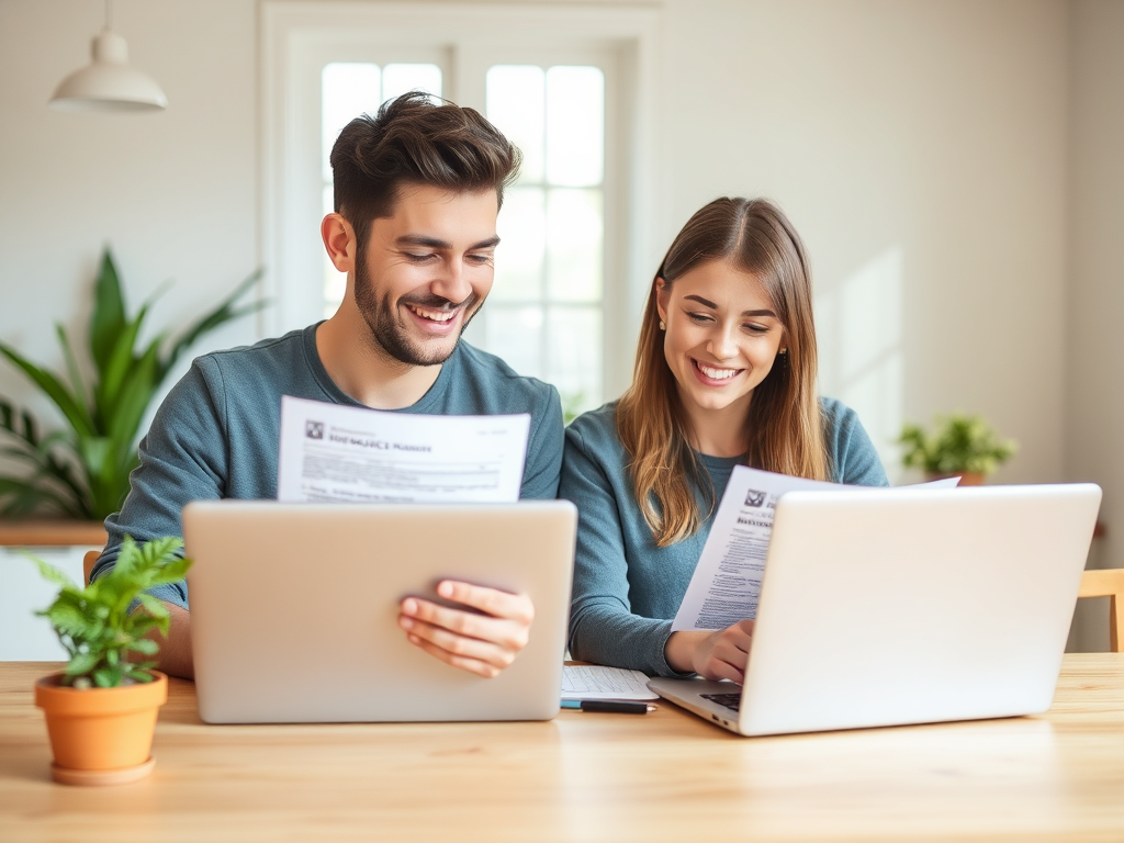 На фото счастливая пара сидит за столом с лаптопами и документами, улыбается, изучая информацию.