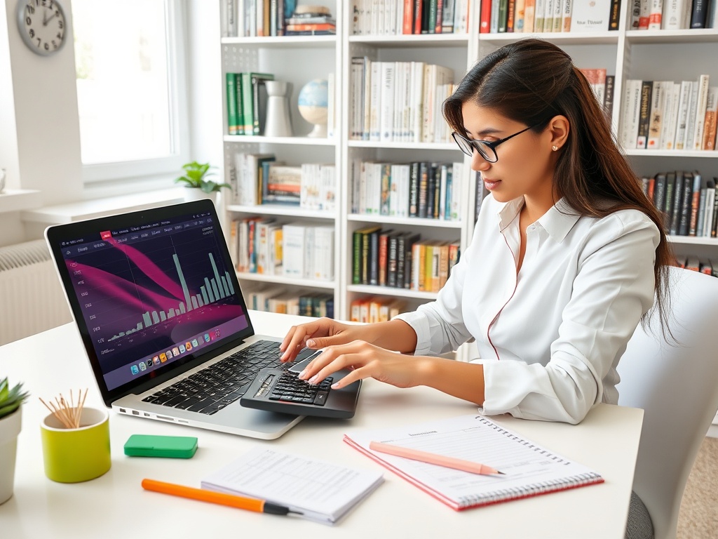 Женщина в очках работает на ноутбуке, анализируя графики, на фоне библиотеки с книжными полками.