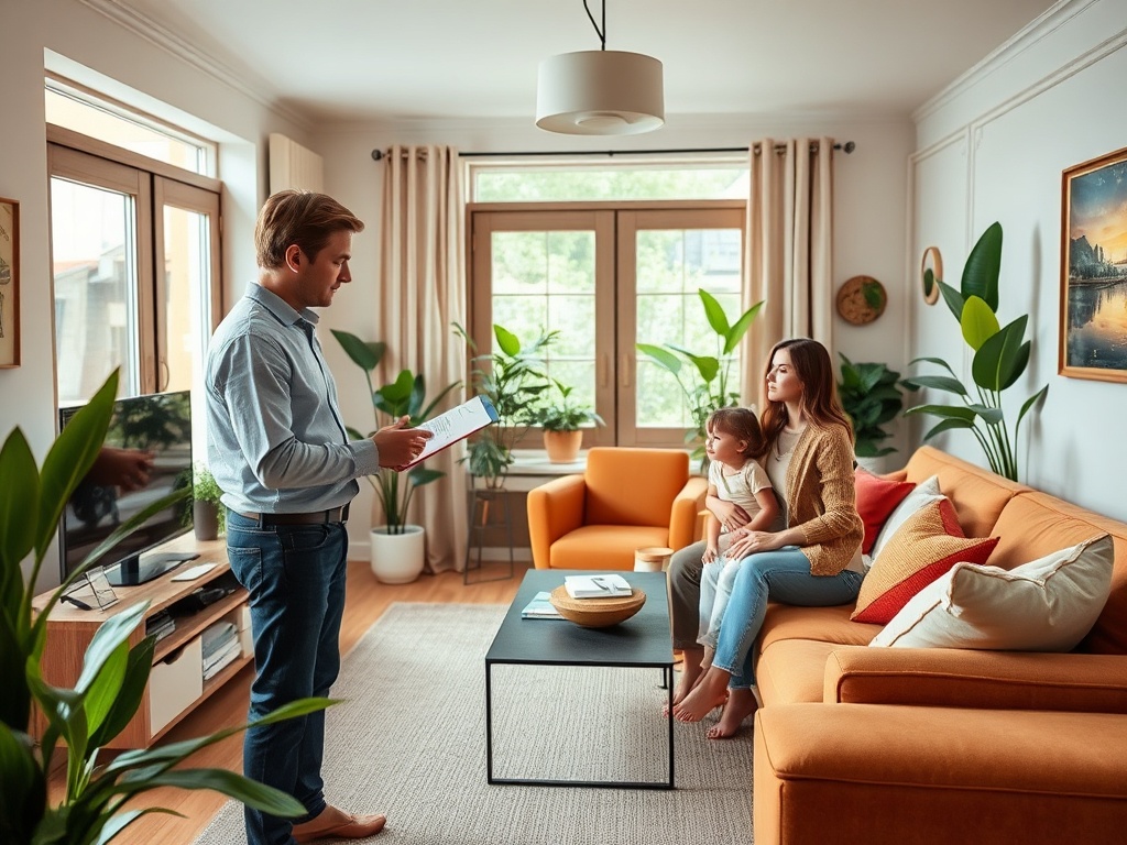 Мужчина читает документы, женщина с ребенком сидит на диване в уютной гостиной с зелеными растениями.