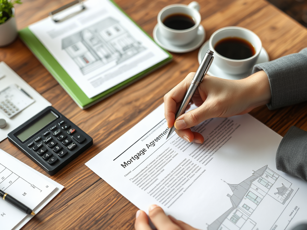 На столе документы, калькулятор и чашки кофе. Человек подписывает договор ипотеки.