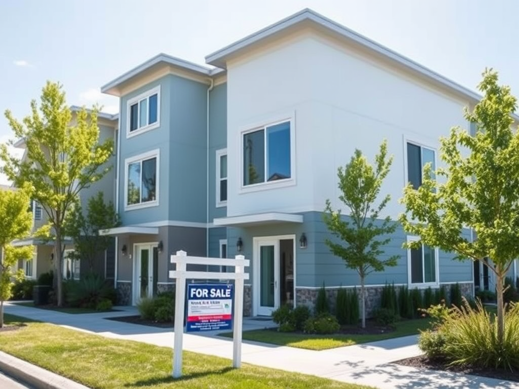 Современный дом с вывеской "Продается", окруженный зелеными деревьями в солнечный день.