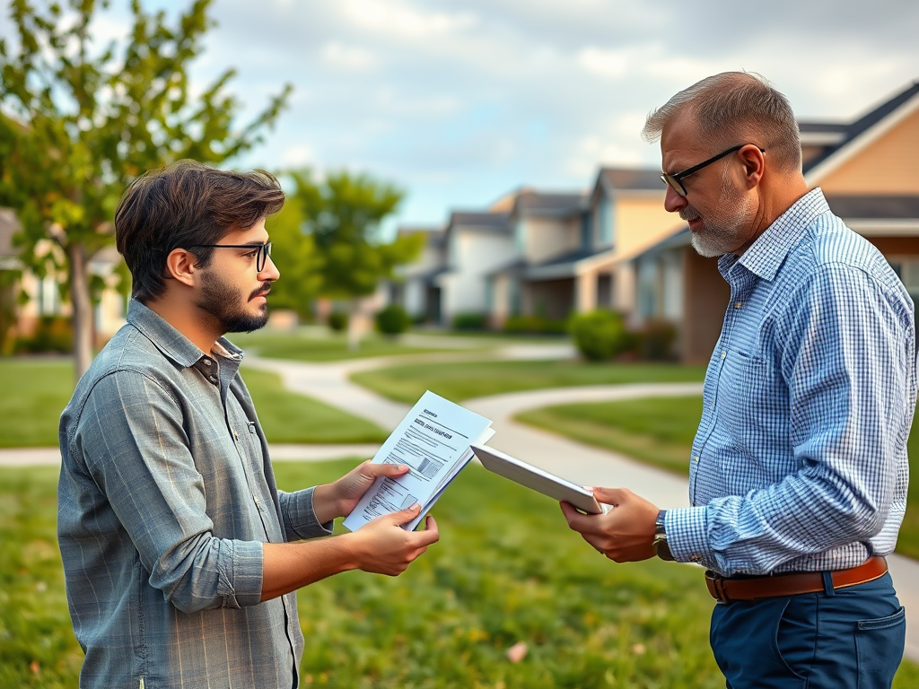 Два человека обсуждают документы на фоне жилого района. Один передает бумаги другому.
