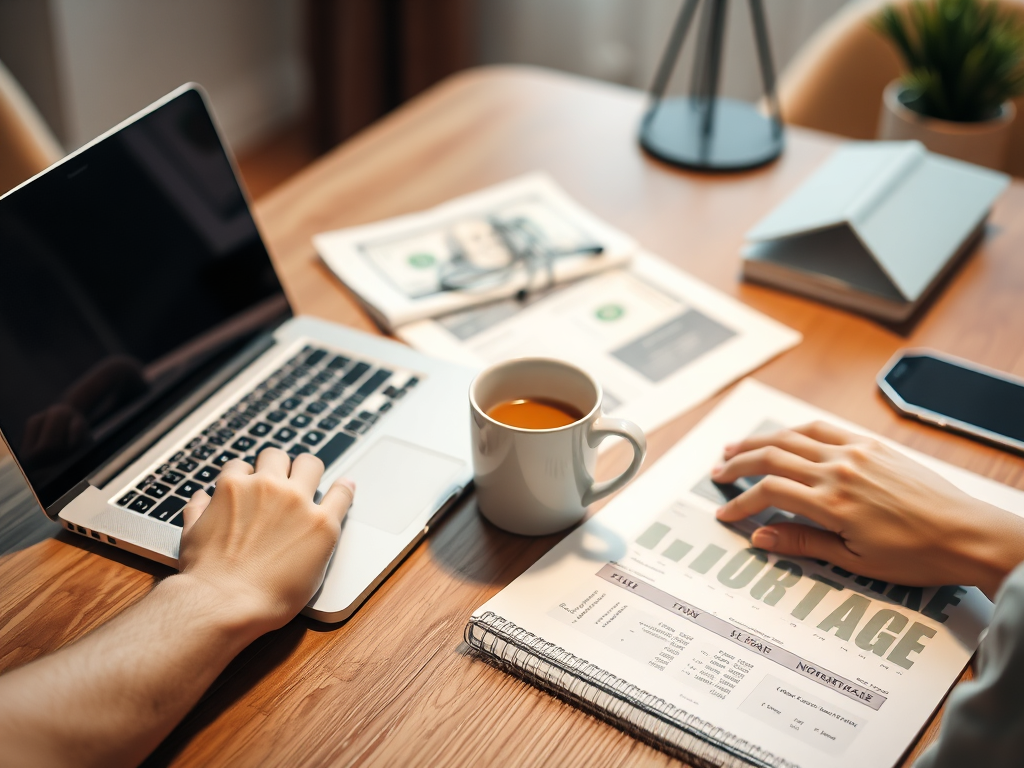 На столе лежат ноутбук, чашка кофе и документы, рядом руки, работающие с бумагами и клавиатурой.