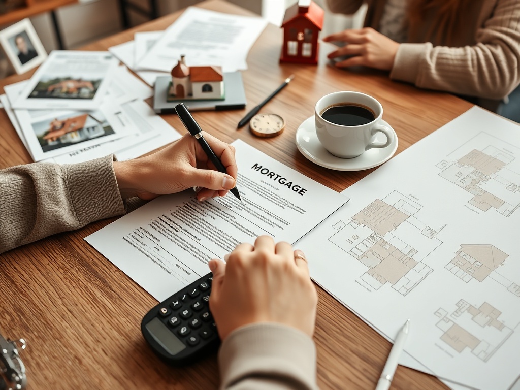 На столе документы о ипотеке, планы домов, кофе и игрушечный домик. Руки подписывают документы.