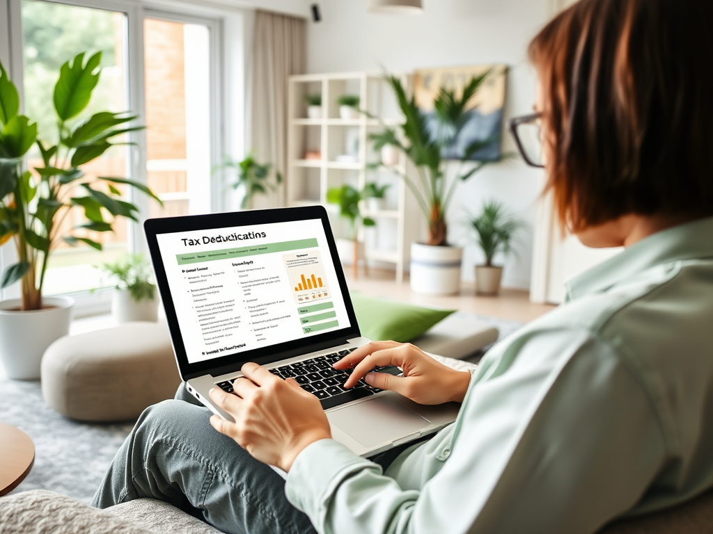 Женщина сидит на диване и работает на ноутбуке, рассматривая налоговые вычеты. В комнате растения.