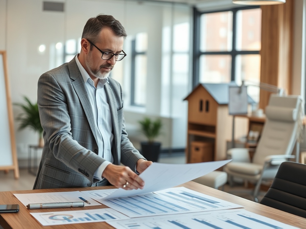 Деловой мужчина в костюме изучает документы с графиками в современном офисе. На столе бумаги и ручка.