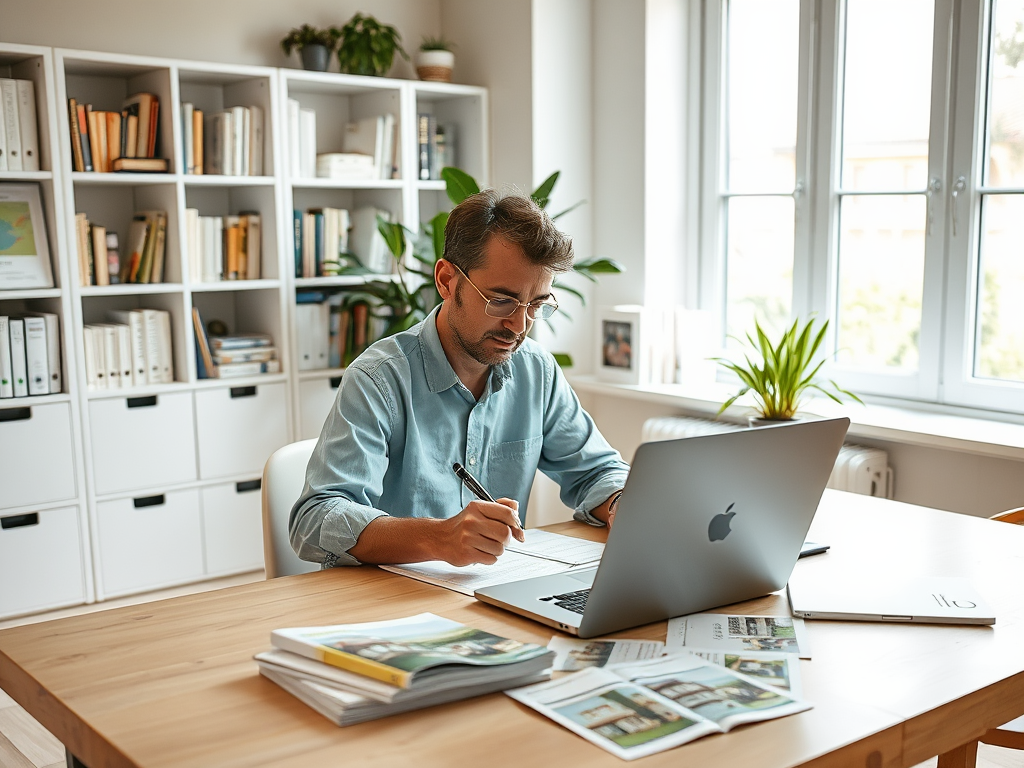 Человек сидит за столом, работает на ноутбуке и делает заметки, окруженный книгами и растениями.