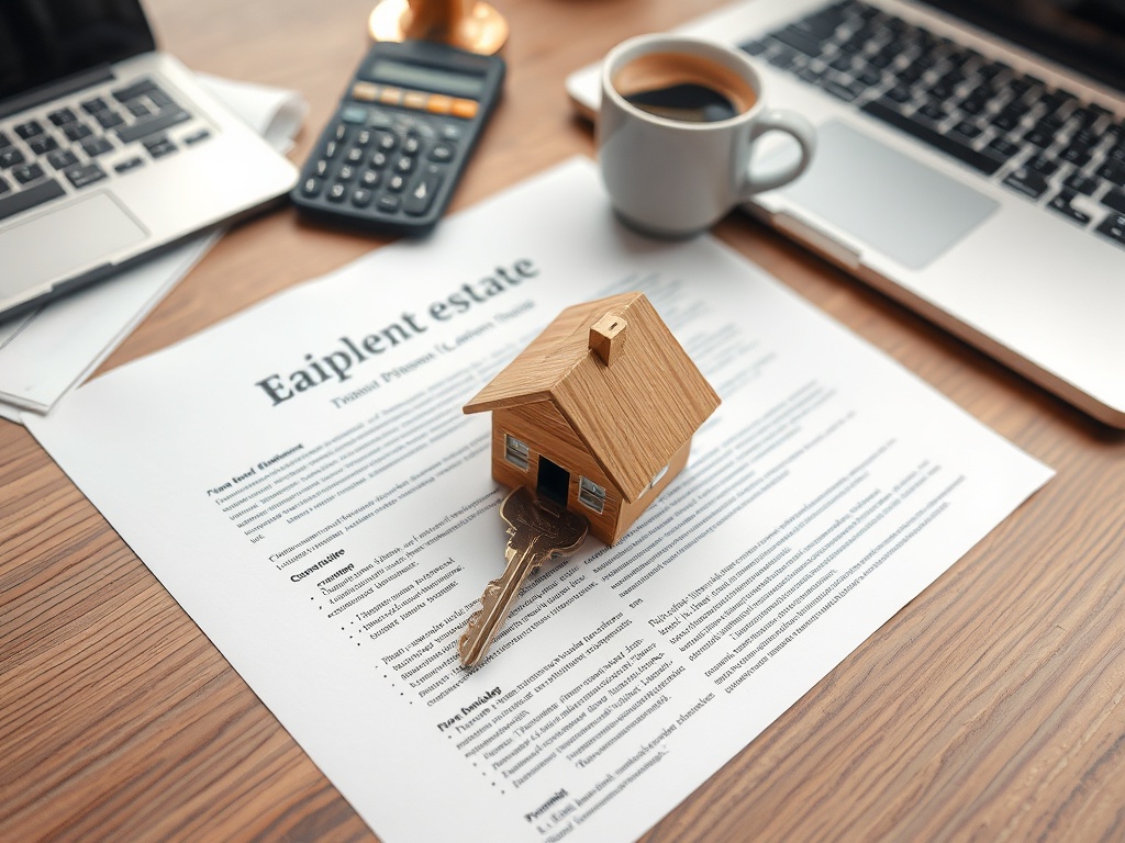 На столе лежит документация по недвижимости, рядом ключи и модели дома. Есть ноутбук и чашка кофе.