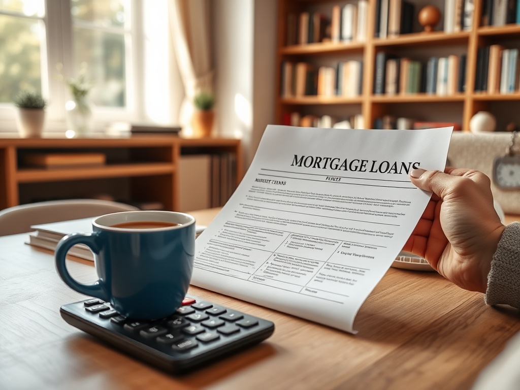 Документ с заголовком «Ипотечные кредиты» на столе рядом с чашкой кофе и калькулятором.