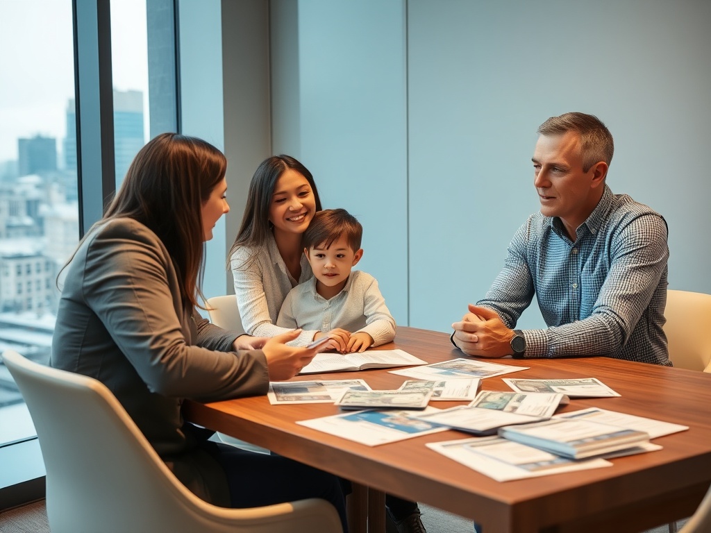 На изображении семья и консультант обсуждают документы за столом в офисе. Внешний вид города на заднем плане.