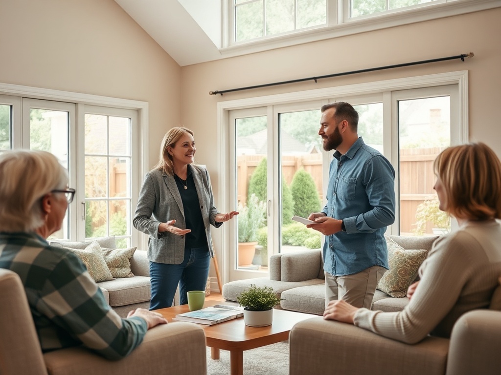 Группа людей в светлом помещении обсуждает что-то важное, сидя на диванах и стоя у стола.
