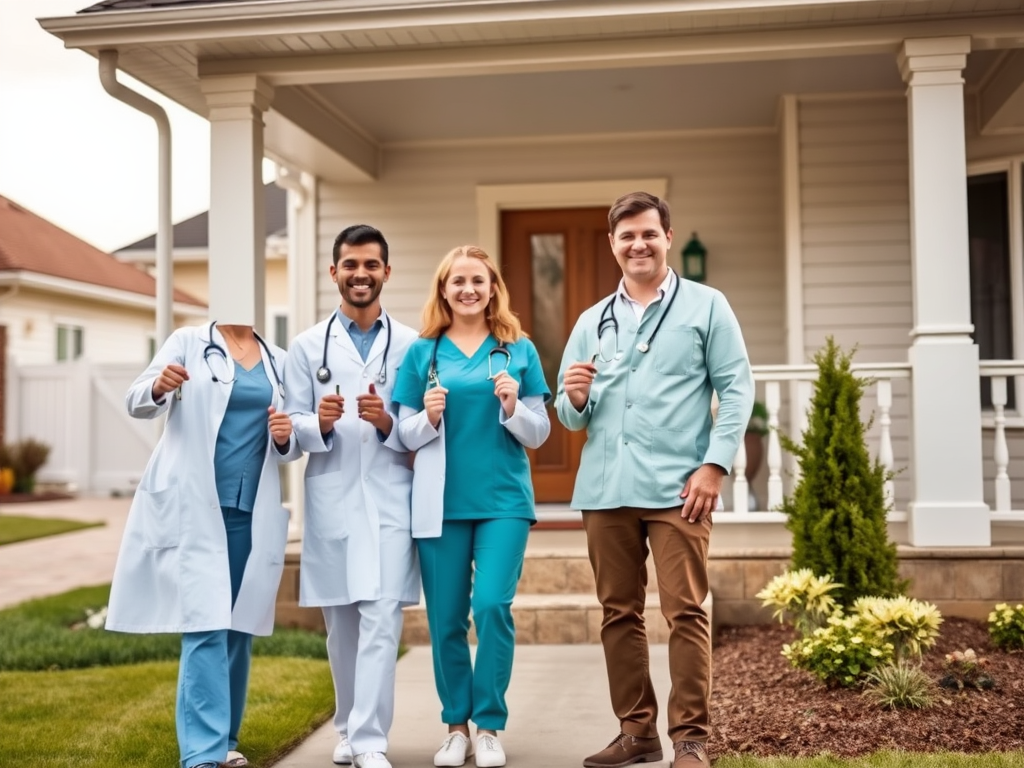 Группа медиков на переднем плане дома, улыбающиеся и показывающие жесты одобрения.