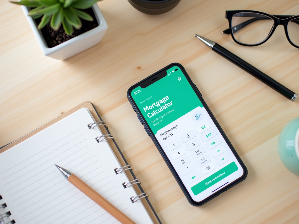 Смартфон с открытым приложением ипотечного калькулятора, ручка и блокнот на деревянном столе.