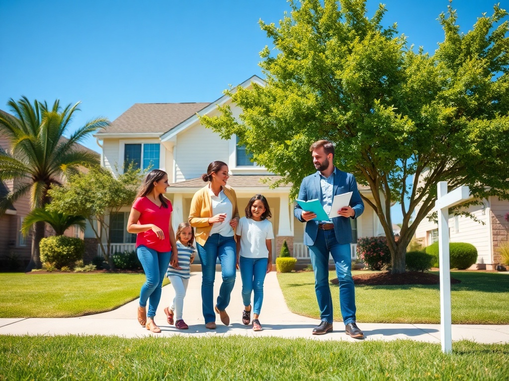 Семья гуляет по улице рядом с домом, обсуждая покупку недвижимости с риелтором. Солнечный день.