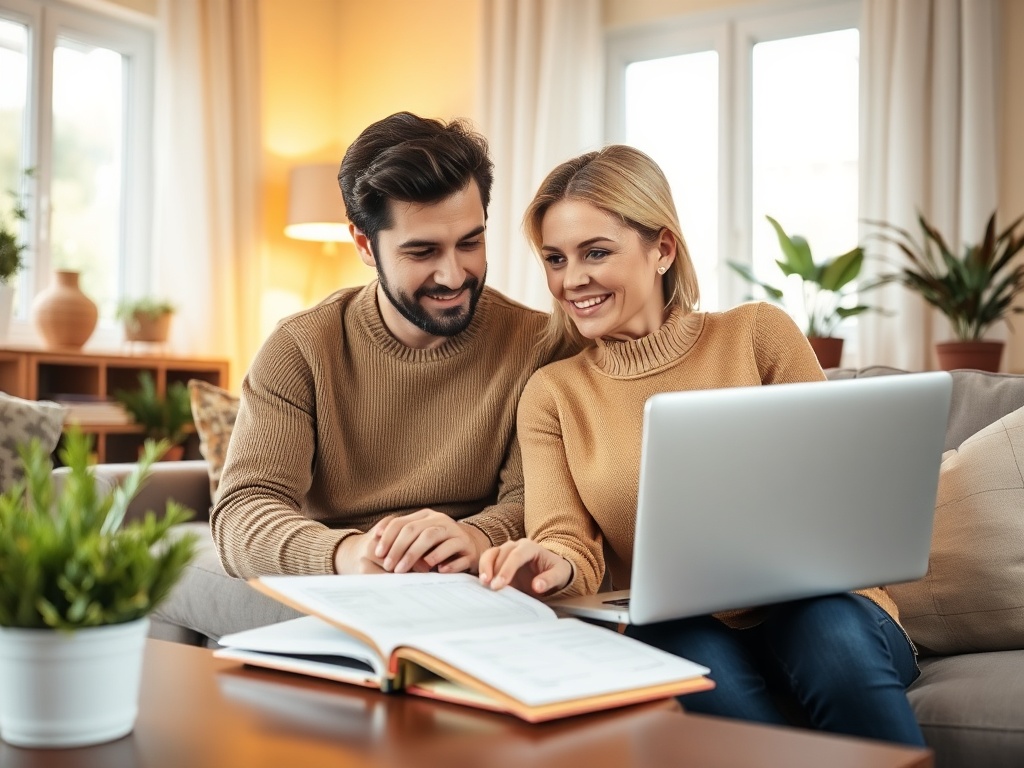 Молодая пара сидит на диване, изучая информацию на ноутбуке и улыбается друг другу.