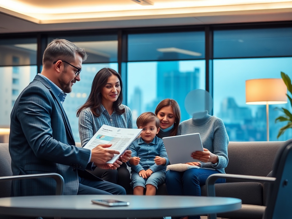 Четыре человека в офисе изучают документы и планшет, с видом на город за окном.