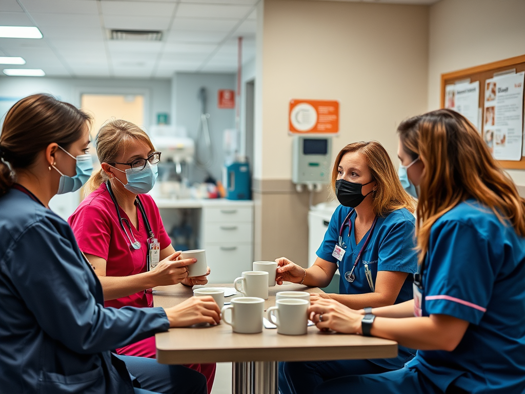 Четыре медсестры в масках обсуждают что-то за столом с чашками кофе в медицинском учреждении.